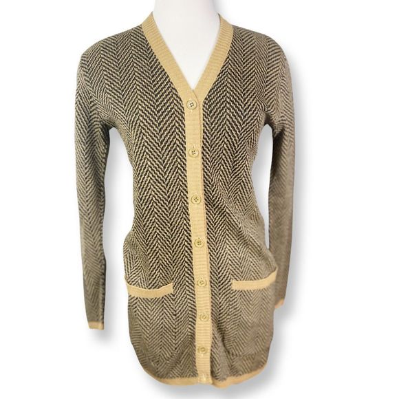 Koret of California Sweaters - Vintage 1970's Koret of California Long Cardigan -Black Tan Herringbone Sweater